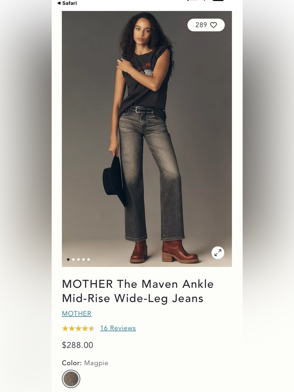 MOTHER The Maven Ankle Mid-Rise Wide-Leg Jeans in Magpie. Size 29. IMMACULATE